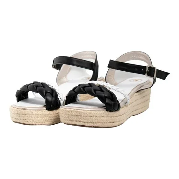 Handcrafted Black & White Braided Espadrille Wedge Sandal - Picture 2 of 6